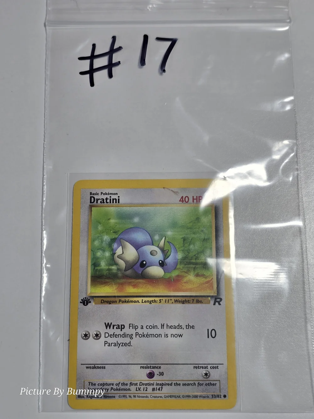 #17 Pokemon 1st Edition Dratini card from the Team Rocket expansion set.